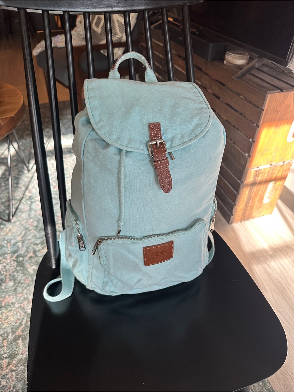 PINK Victoria's Secret Light Blue Canvas Backpack with Brown Trim